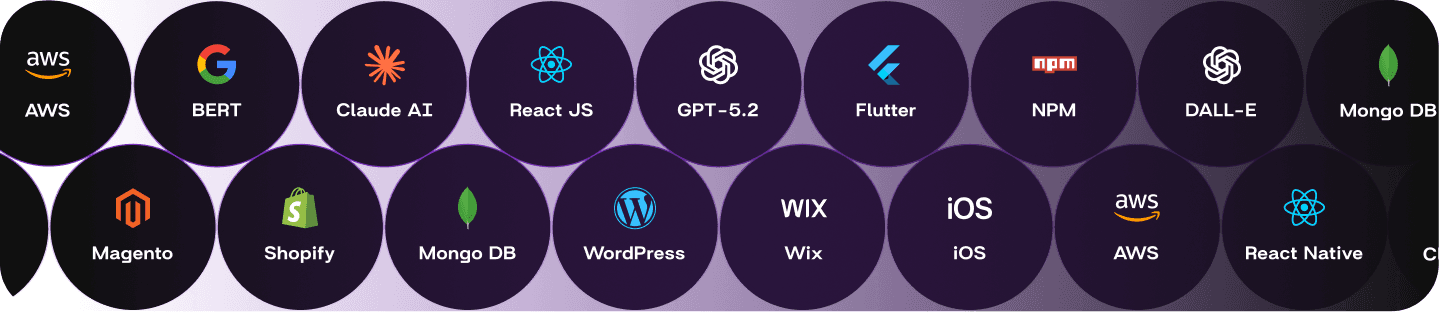 Technology stack logos and tools used for mobile app development